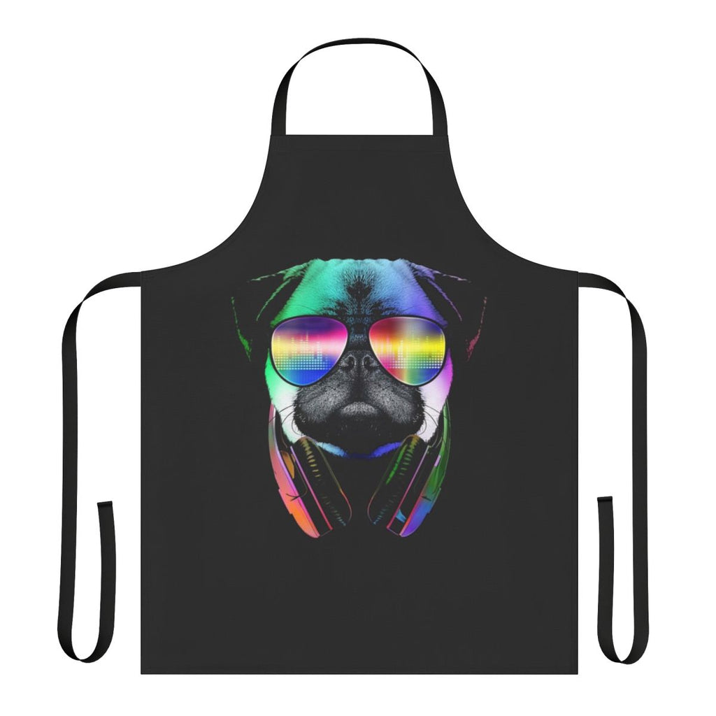 Pug wearing headphones on an apron with a retro music design