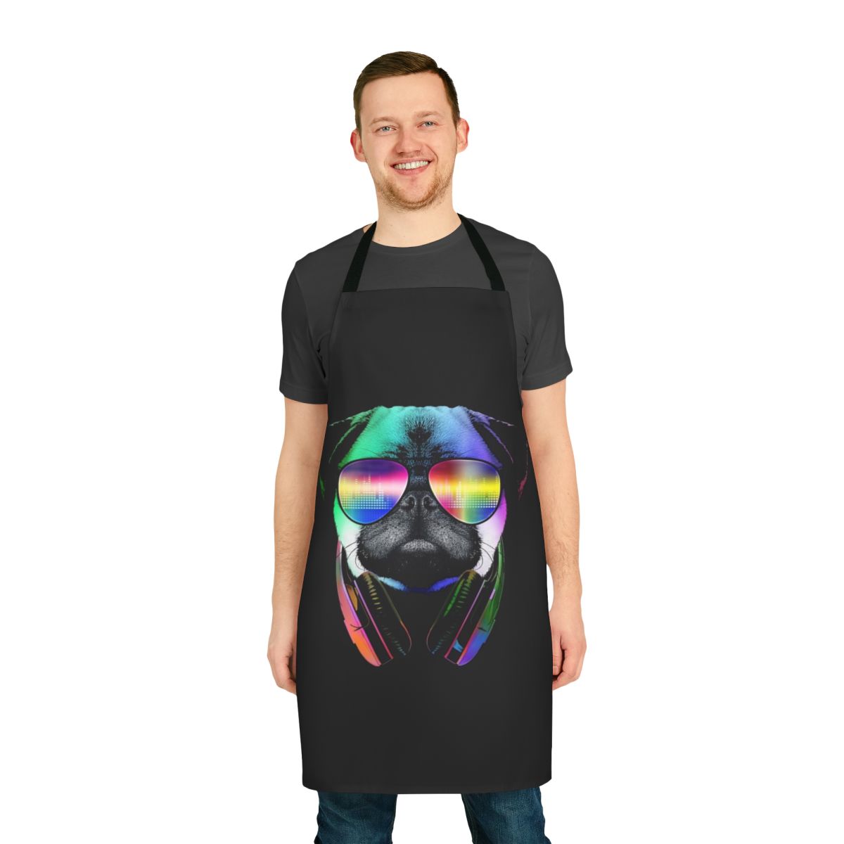 Pug wearing headphones on an apron with a retro music design
