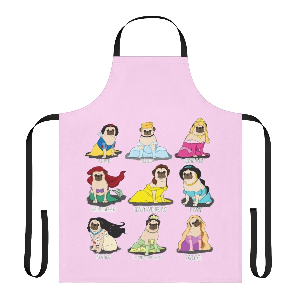 Pug wearing a princess-themed apron