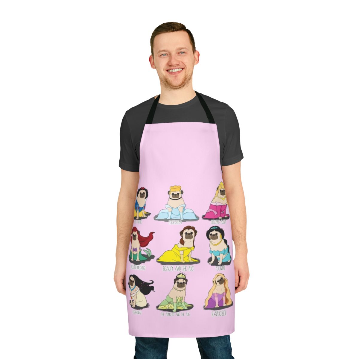 Pug wearing a princess-themed apron