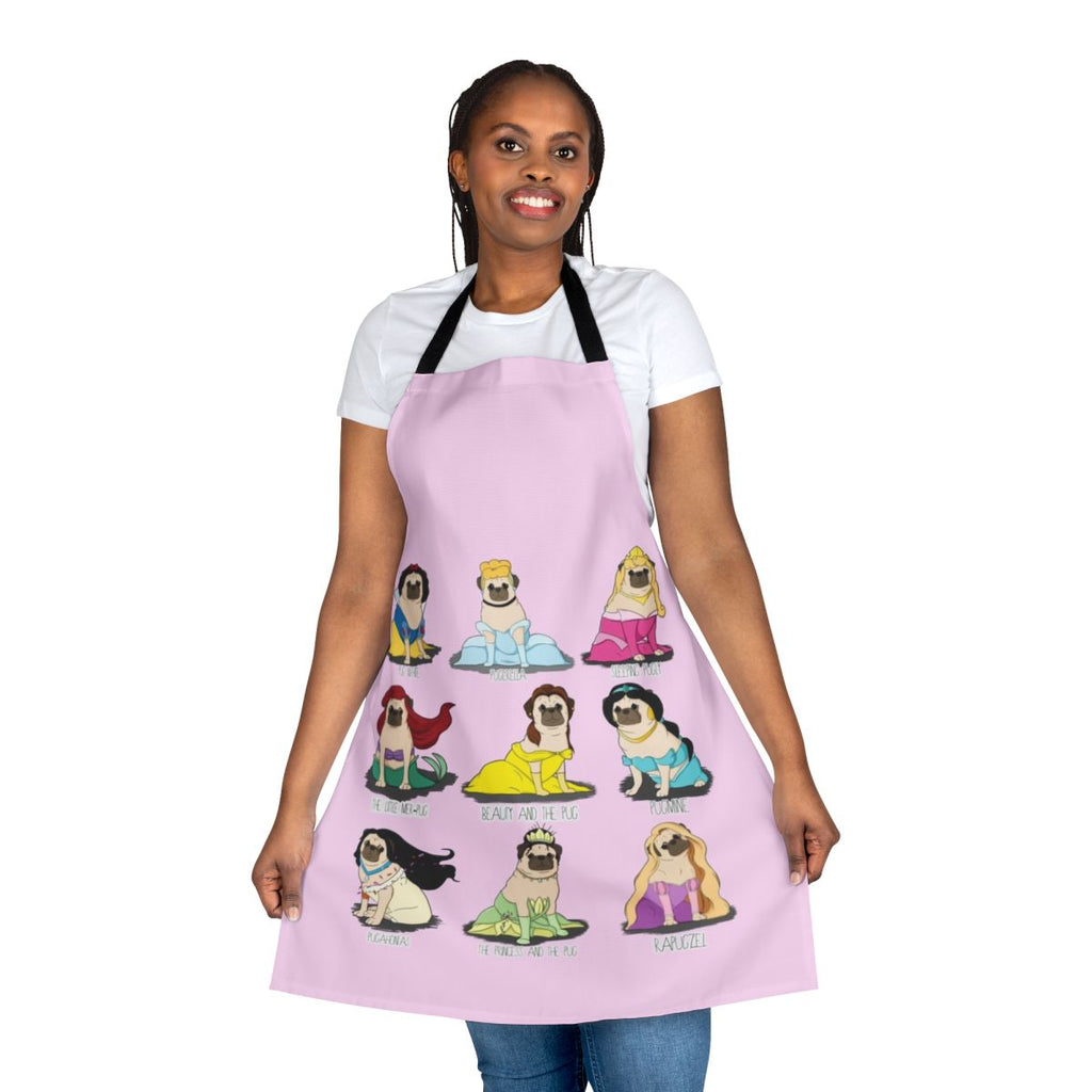 Pug wearing a princess-themed apron