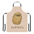 A white apron with a cute pugtato (pug-potato) design, perfect for cooking and baking.