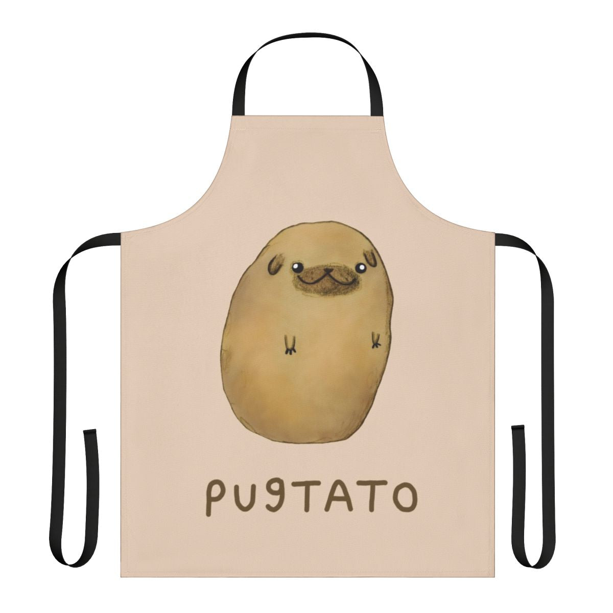 A white apron with a cute pugtato (pug-potato) design, perfect for cooking and baking.