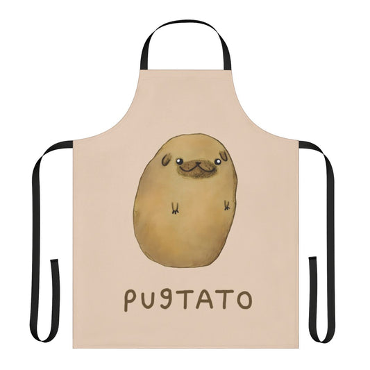 A white apron with a cute pugtato (pug-potato) design, perfect for cooking and baking.
