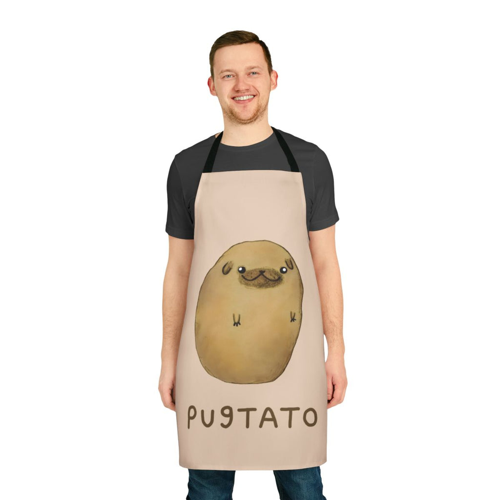 A white apron with a cute pugtato (pug-potato) design, perfect for cooking and baking.