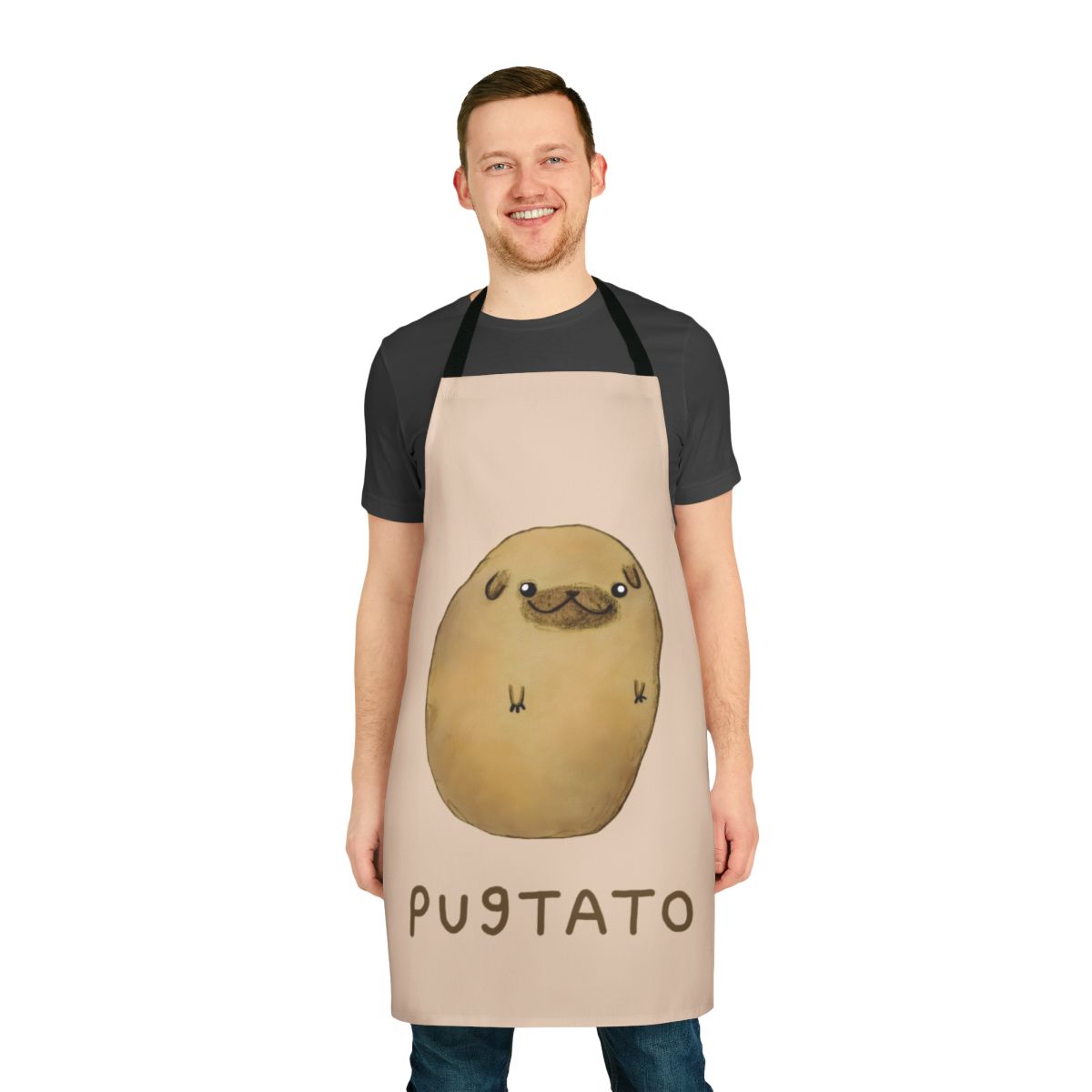 A white apron with a cute pugtato (pug-potato) design, perfect for cooking and baking.