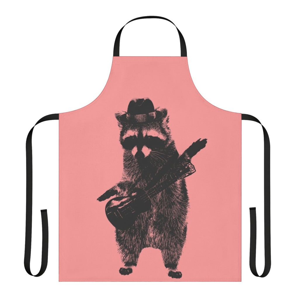 A raccoon wearing an apron and playing a ukulele