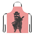 A raccoon wearing an apron and playing a ukulele