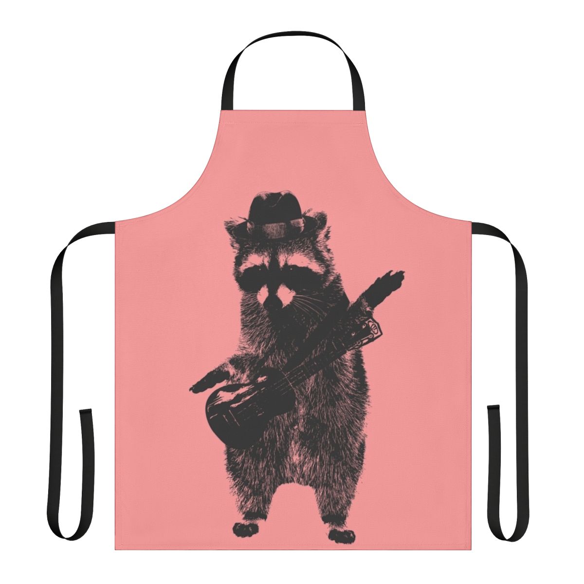 A raccoon wearing an apron and playing a ukulele