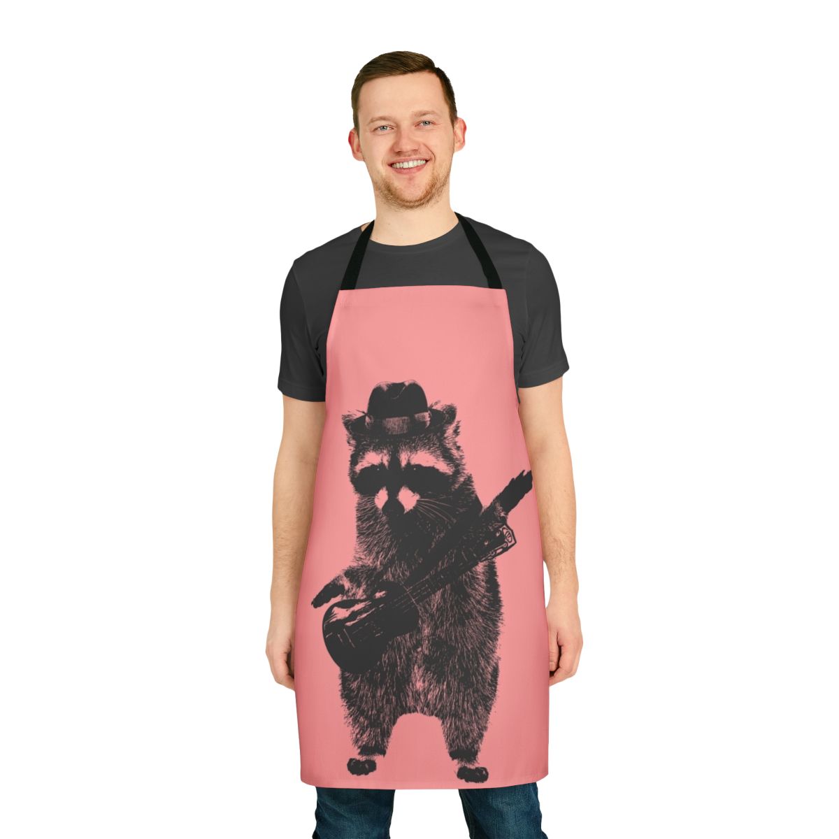 A raccoon wearing an apron and playing a ukulele