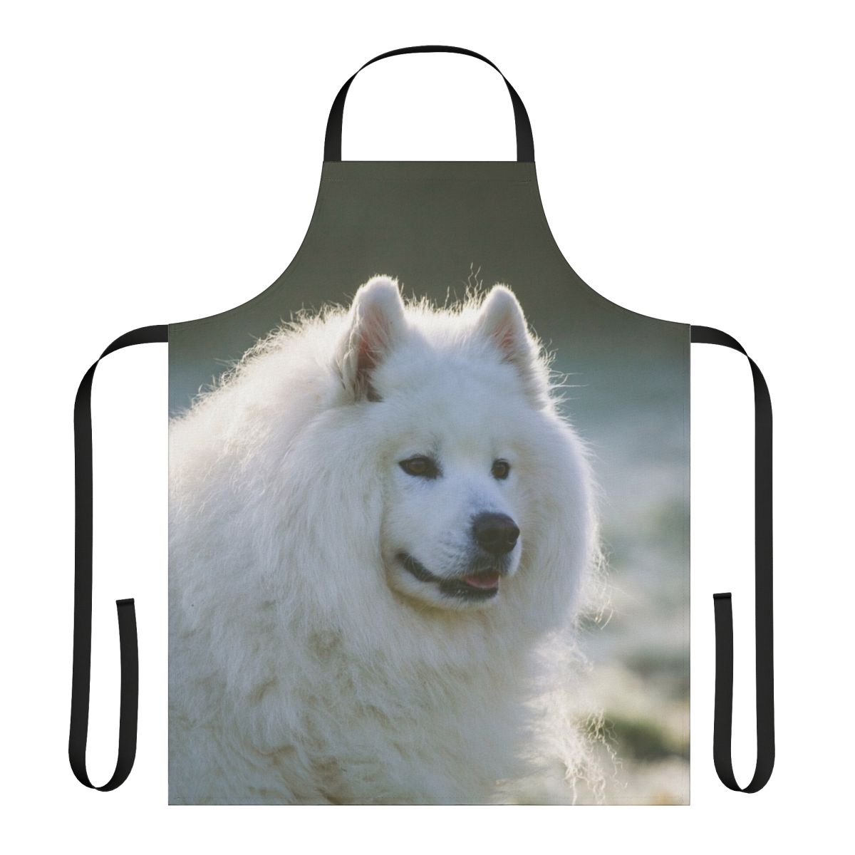 A white fluffy Samoyed dog wearing an apron with a smiling expression