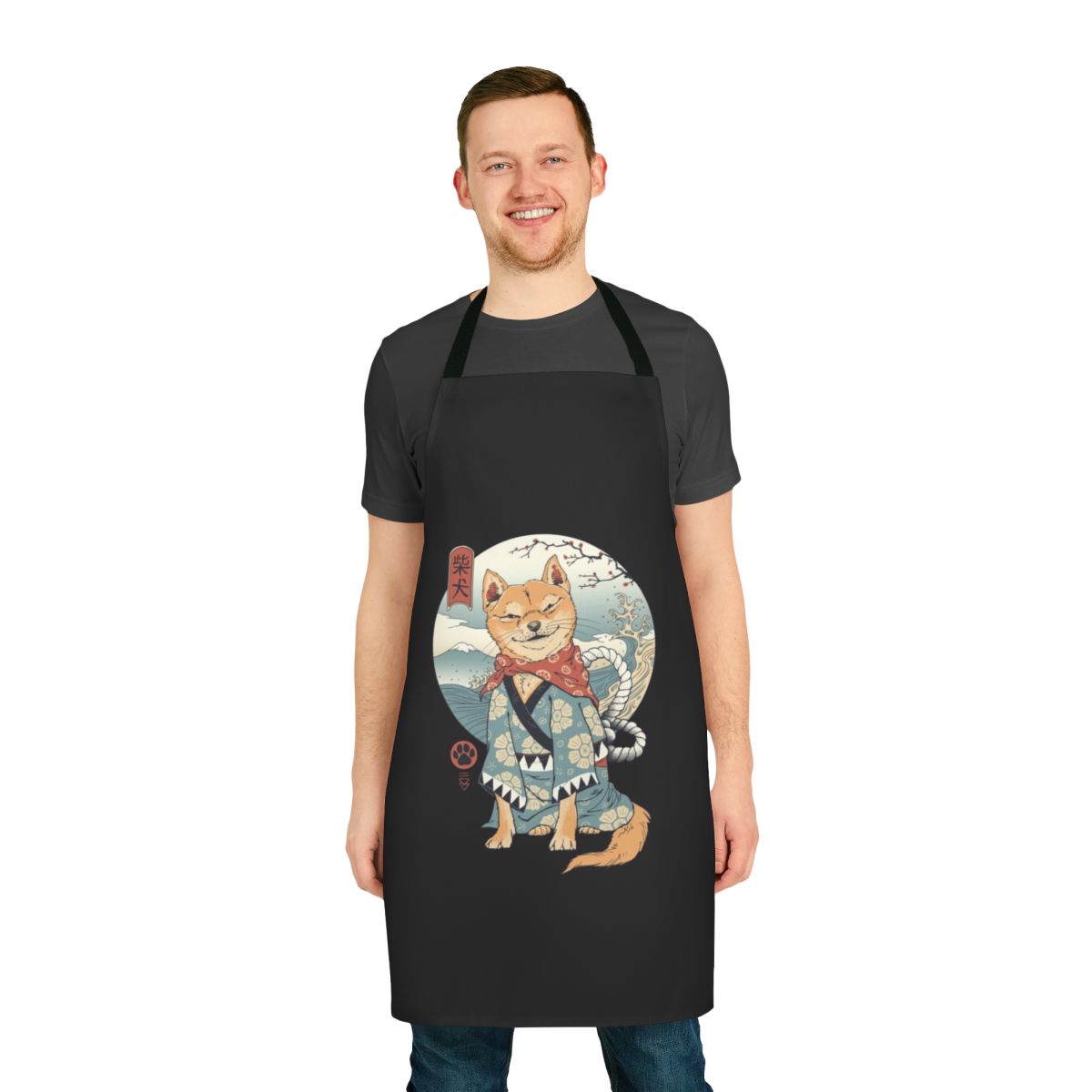 Vibrant Shiba Inu dog artwork printed on a high-quality kitchen apron