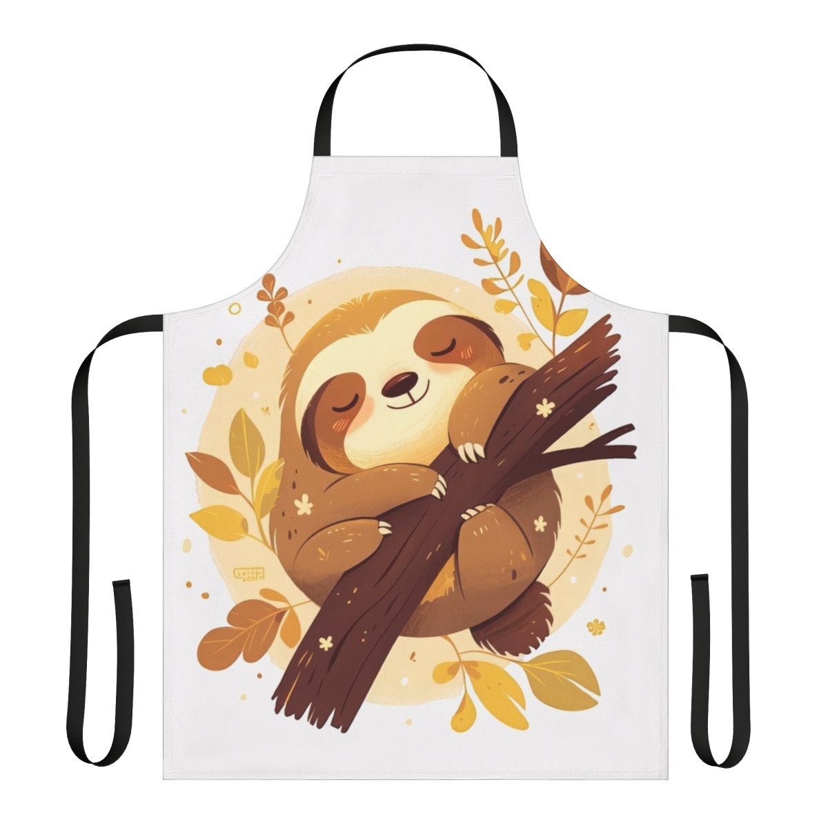 Cute cartoon sloth character relaxing on a tree branch, printed on an autumn-themed apron