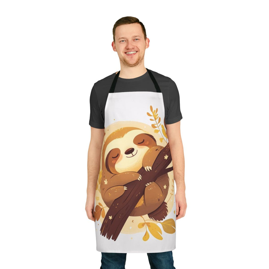 Cute cartoon sloth character relaxing on a tree branch, printed on an autumn-themed apron