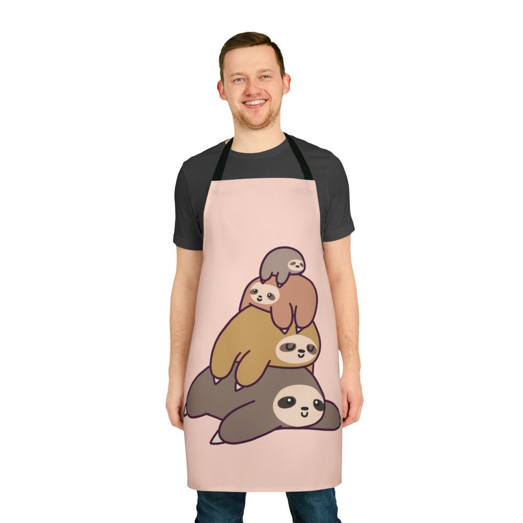 Illustration of a stack of cute cartoon sloths on a kitchen apron