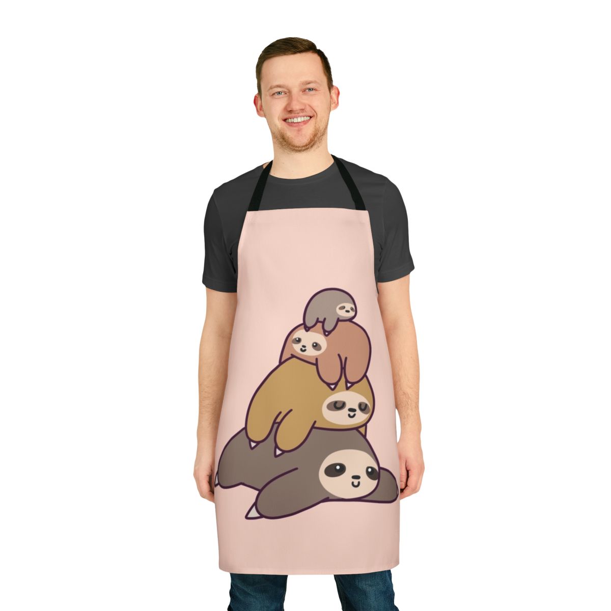 Illustration of a stack of cute cartoon sloths on a kitchen apron
