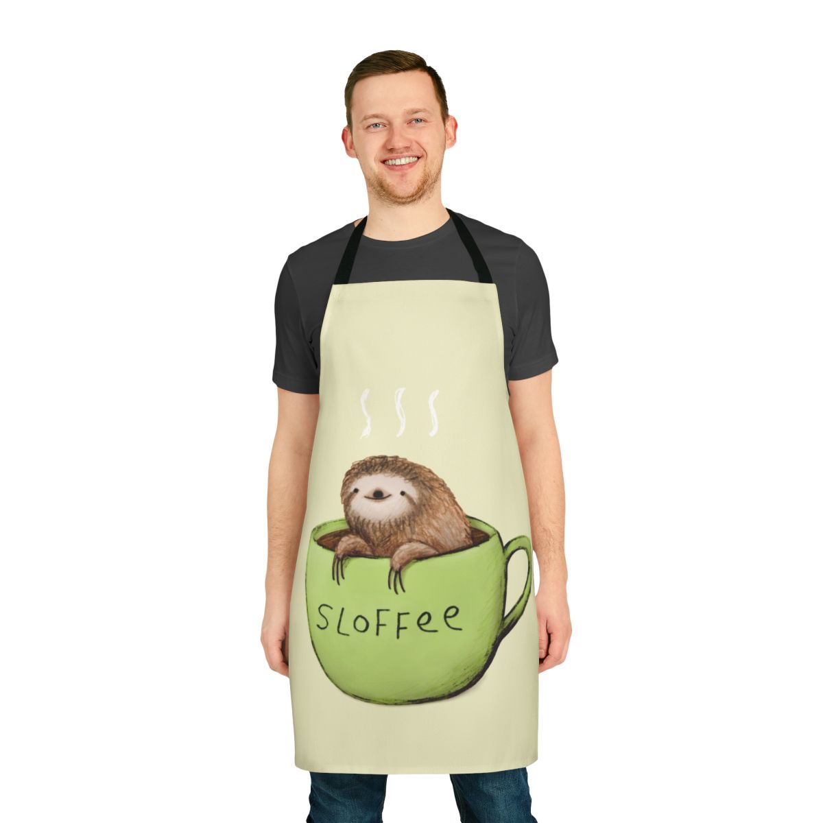 Sloth-themed apron with a cute, pun-filled design for coffee and tea drinkers