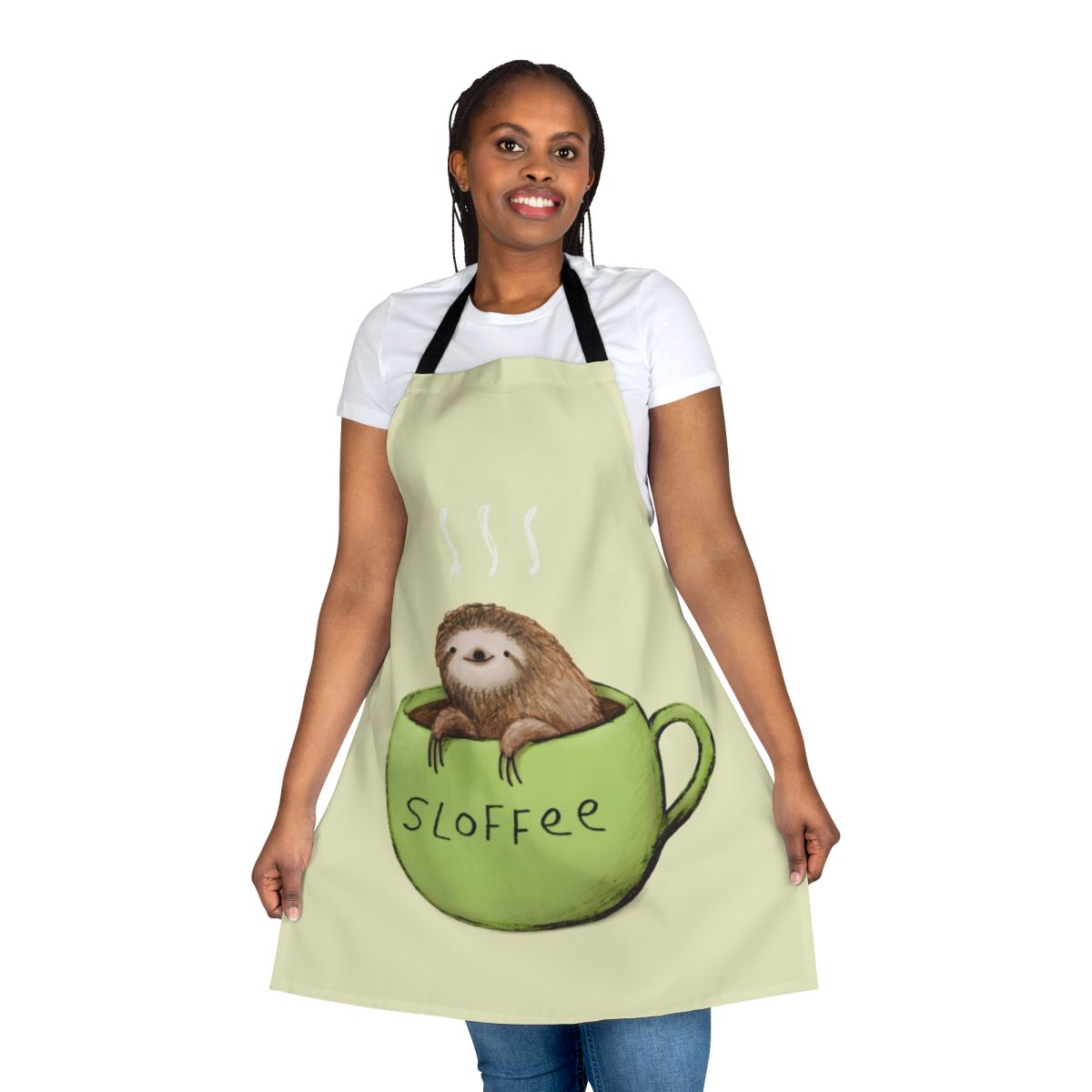 Sloth-themed apron with a cute, pun-filled design for coffee and tea drinkers