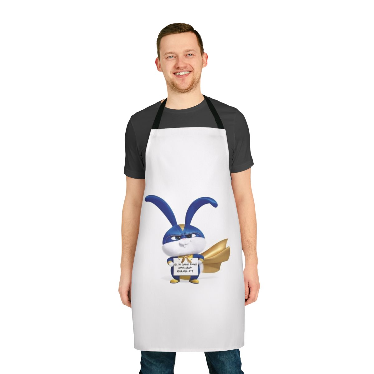 Cute snowball-themed apron with a superhero rabbit design