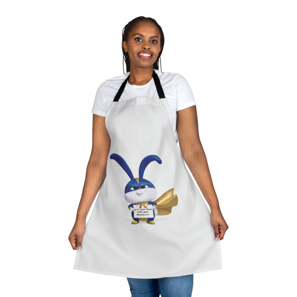 Cute snowball-themed apron with a superhero rabbit design