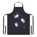 Vibrant digital illustration of a space-themed apron featuring cute bunnies and celestial elements