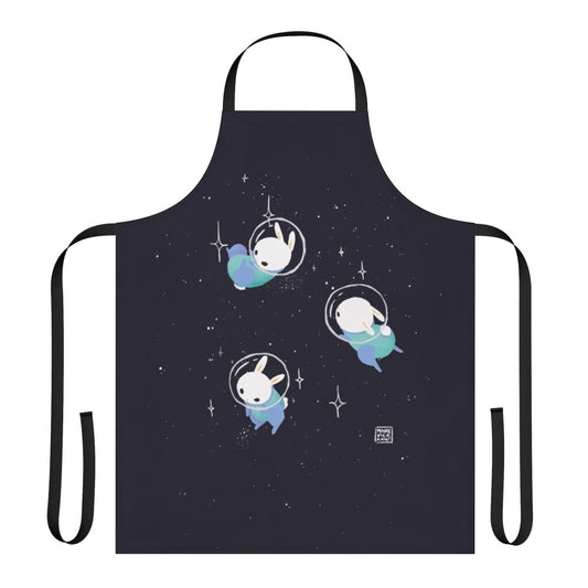 Vibrant digital illustration of a space-themed apron featuring cute bunnies and celestial elements