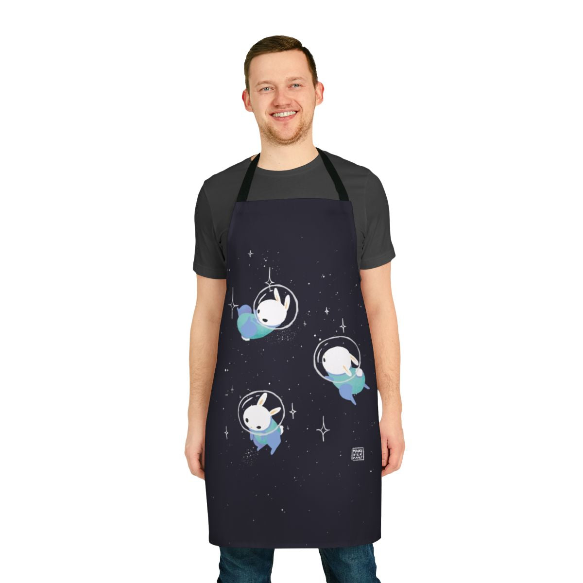 Vibrant digital illustration of a space-themed apron featuring cute bunnies and celestial elements
