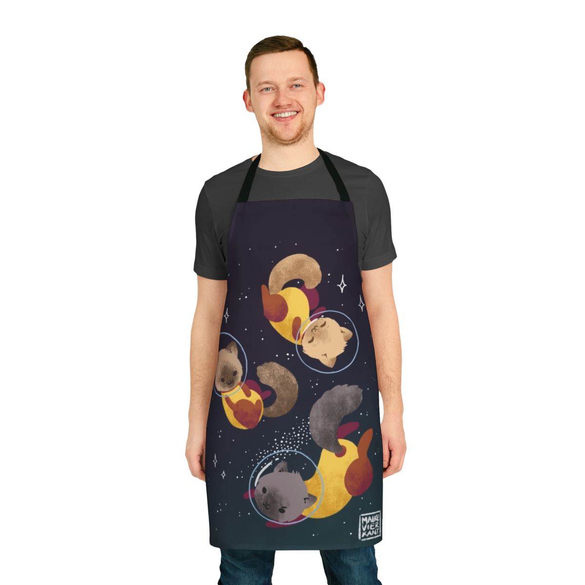 Colorful digital illustration of space cats on an apron