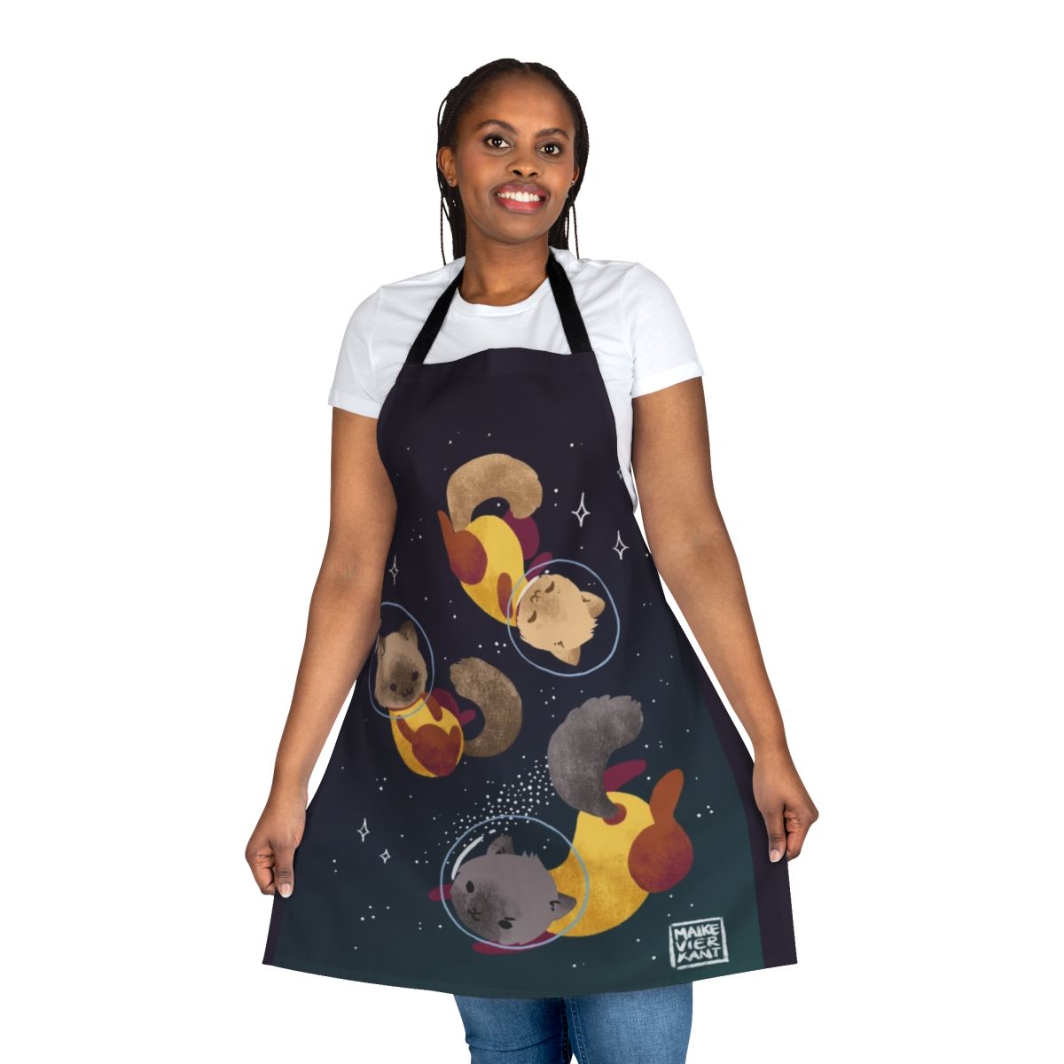 Colorful digital illustration of space cats on an apron