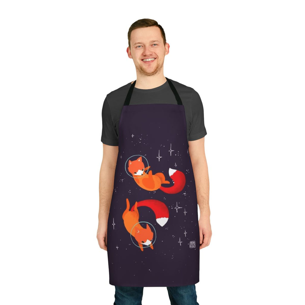 Illustration of a cute space fox character wearing an astronaut suit against a starry galaxy background