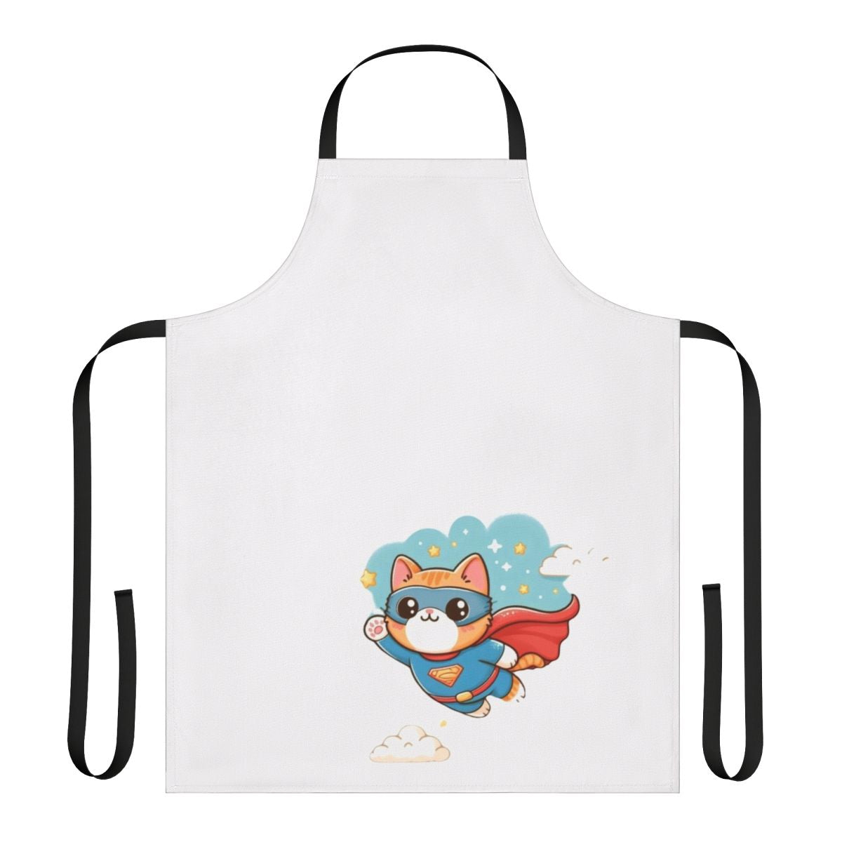 A blue apron with a cute superhero cat design, perfect for young kids