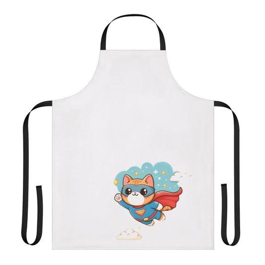 A blue apron with a cute superhero cat design, perfect for young kids