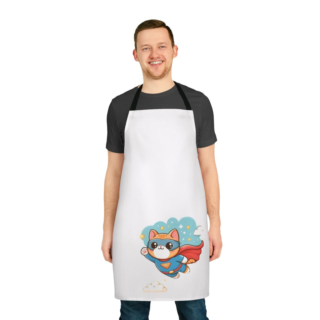 A blue apron with a cute superhero cat design, perfect for young kids