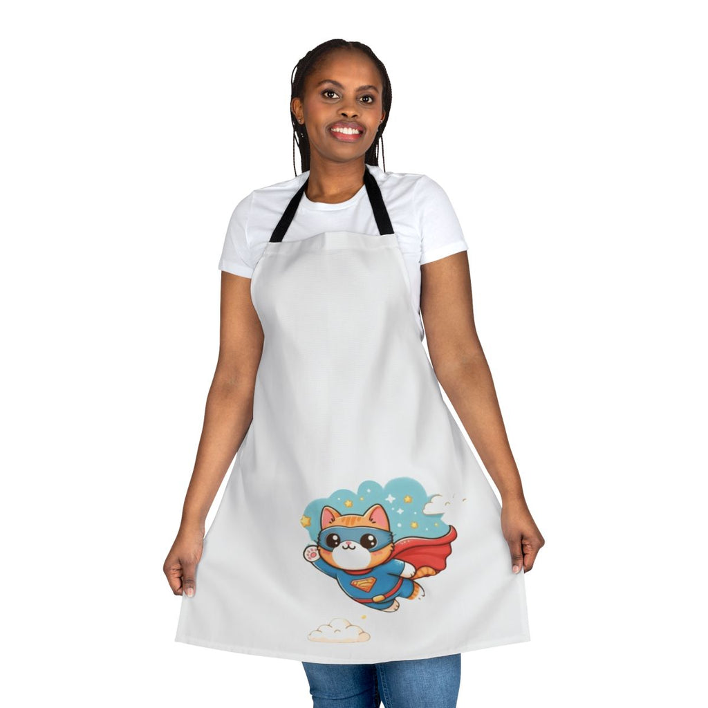 A blue apron with a cute superhero cat design, perfect for young kids
