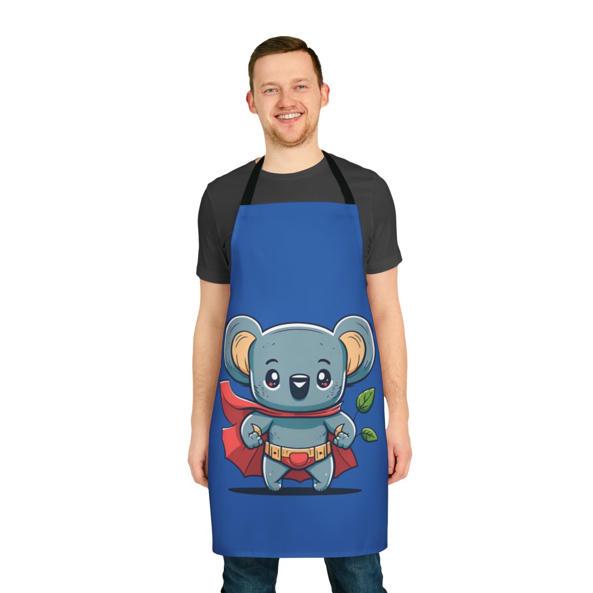 Adorable superhero koala character wearing a superhero cape, printed on a high-quality apron.