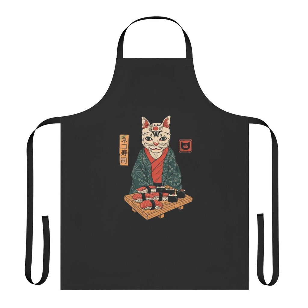 A vibrant and whimsical apron featuring a colorful sushi-inspired cat design.