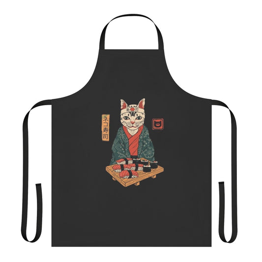 A vibrant and whimsical apron featuring a colorful sushi-inspired cat design.