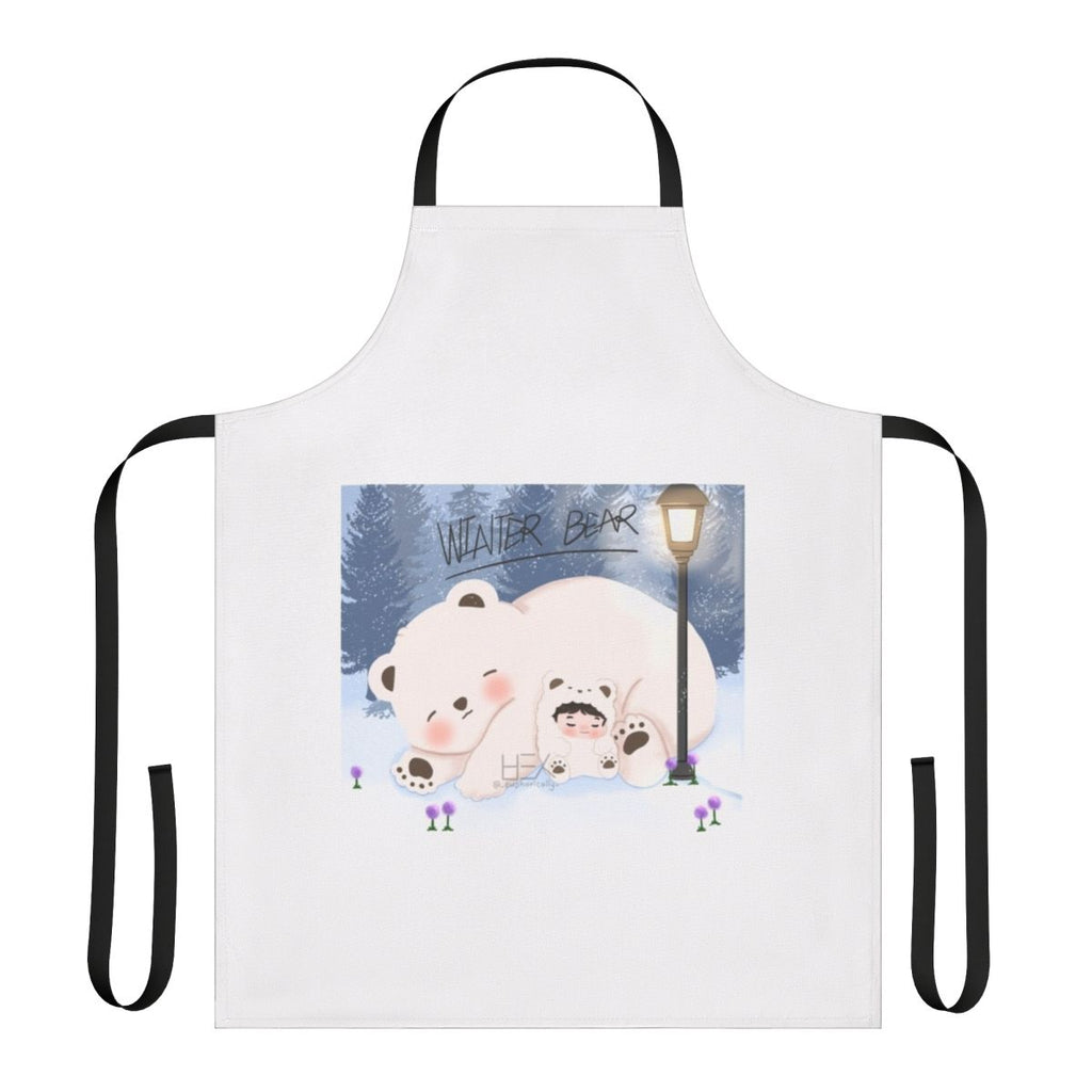 Illustration of BTS member Taehyung as a cute chibi winter bear character, printed on a white apron