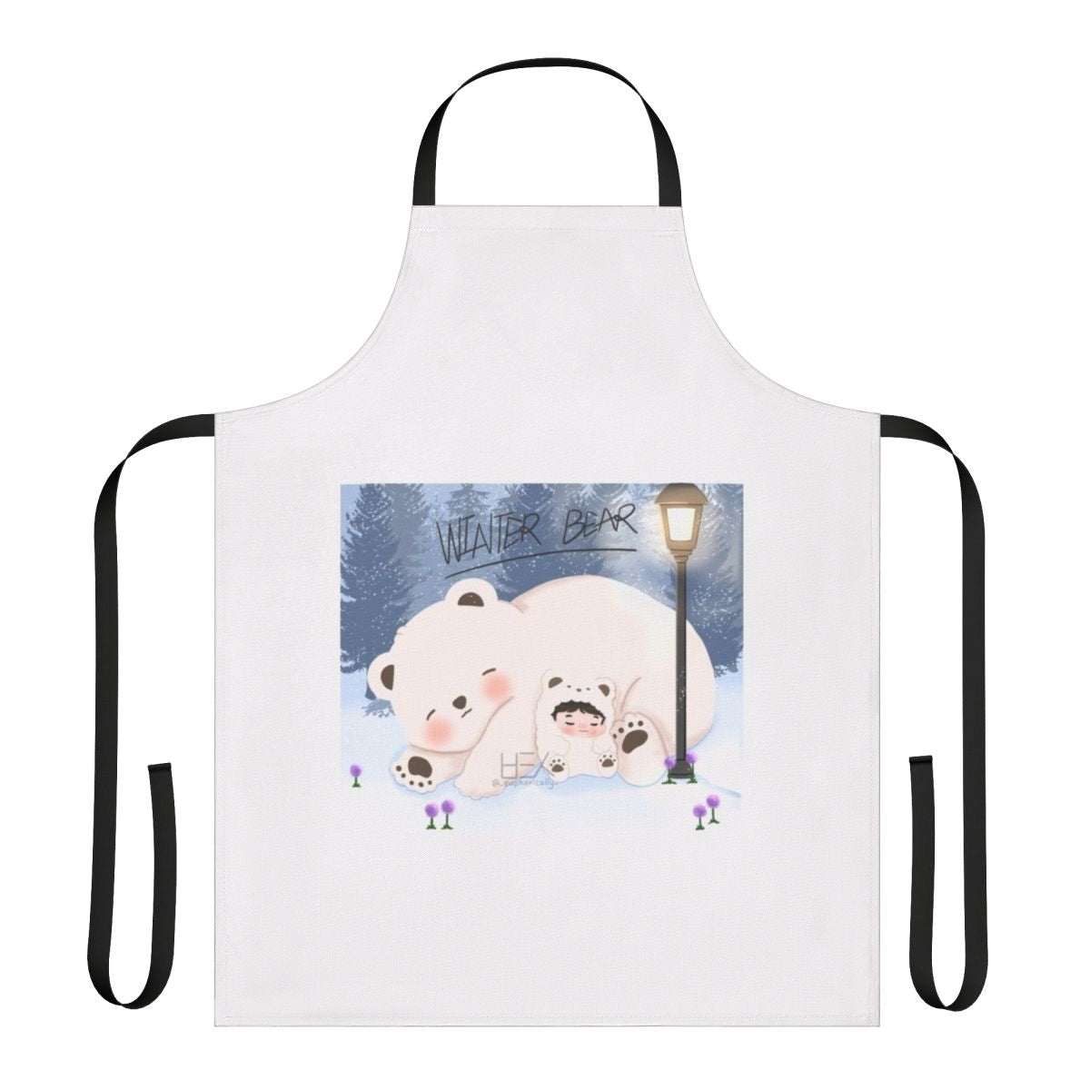 Illustration of BTS member Taehyung as a cute chibi winter bear character, printed on a white apron