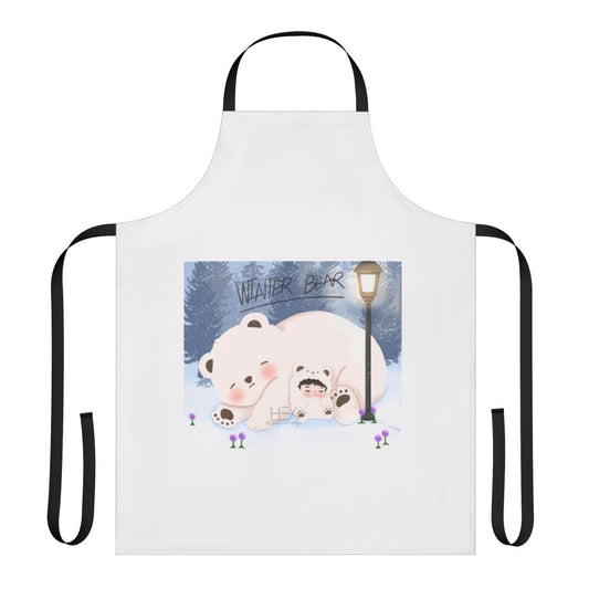 Illustration of BTS member Taehyung as a cute chibi winter bear character, printed on a white apron