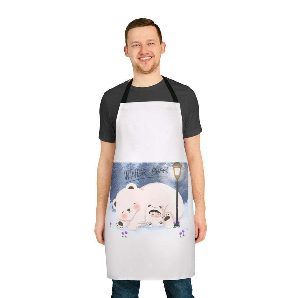 Illustration of BTS member Taehyung as a cute chibi winter bear character, printed on a white apron