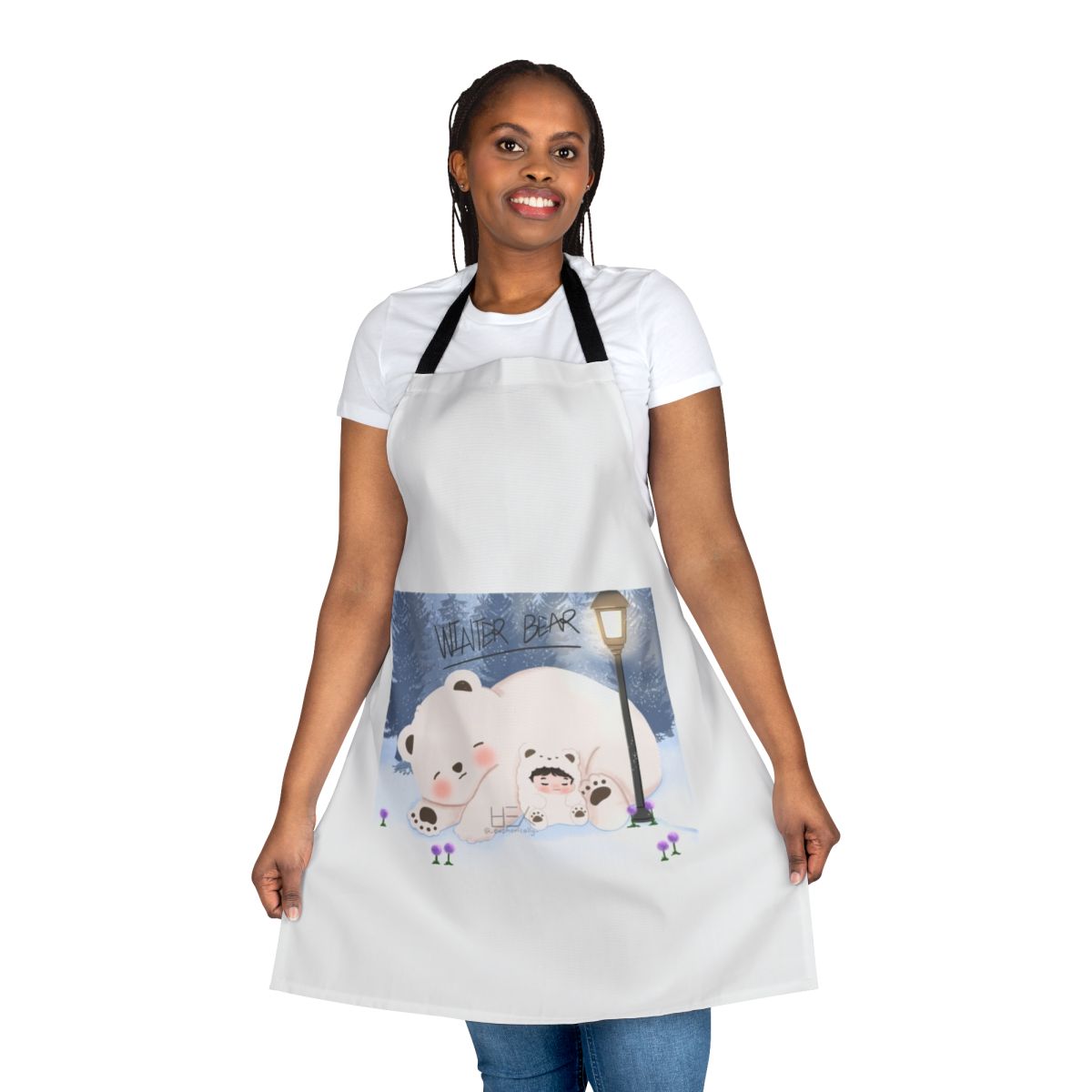 Illustration of BTS member Taehyung as a cute chibi winter bear character, printed on a white apron