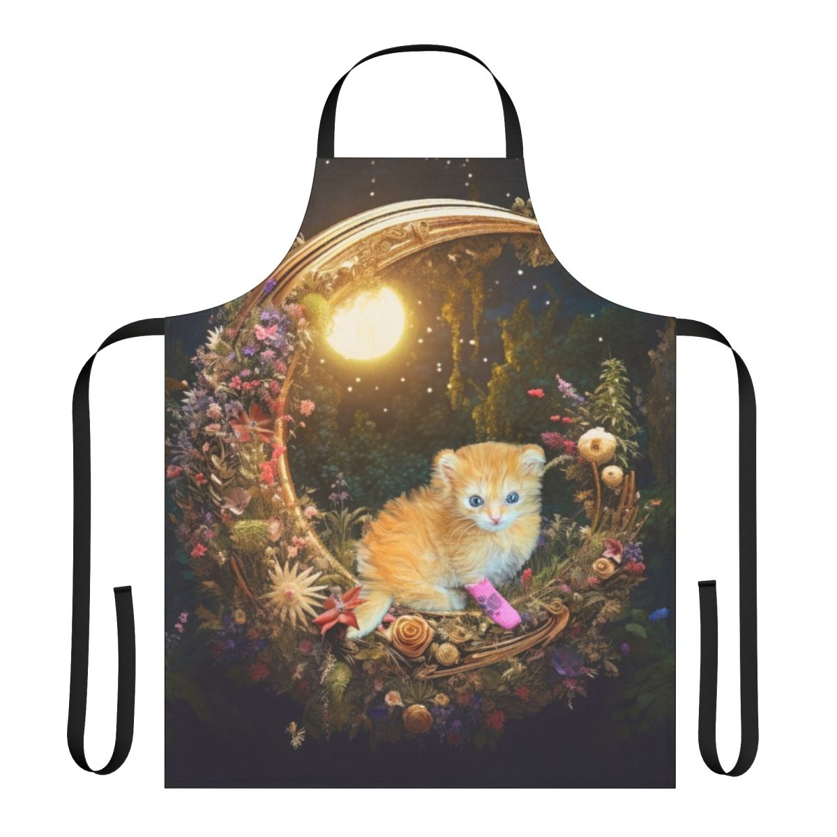 A whimsical tater tot themed apron featuring cute kittens and the text "Tater Tot Crusade" on a dreamy background.