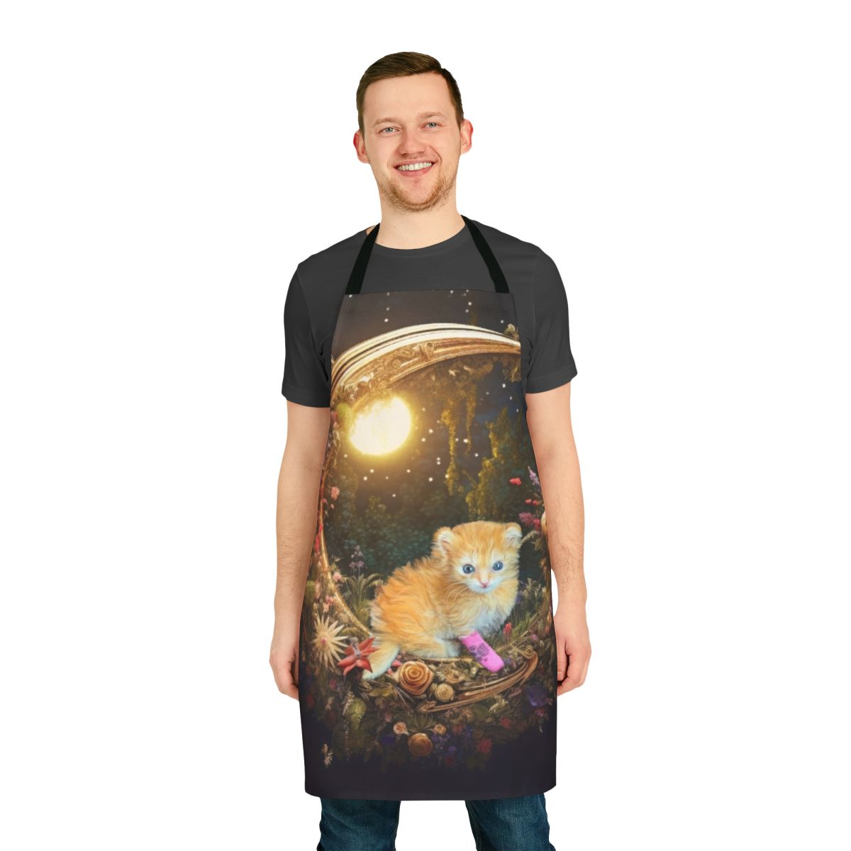A whimsical tater tot themed apron featuring cute kittens and the text "Tater Tot Crusade" on a dreamy background.