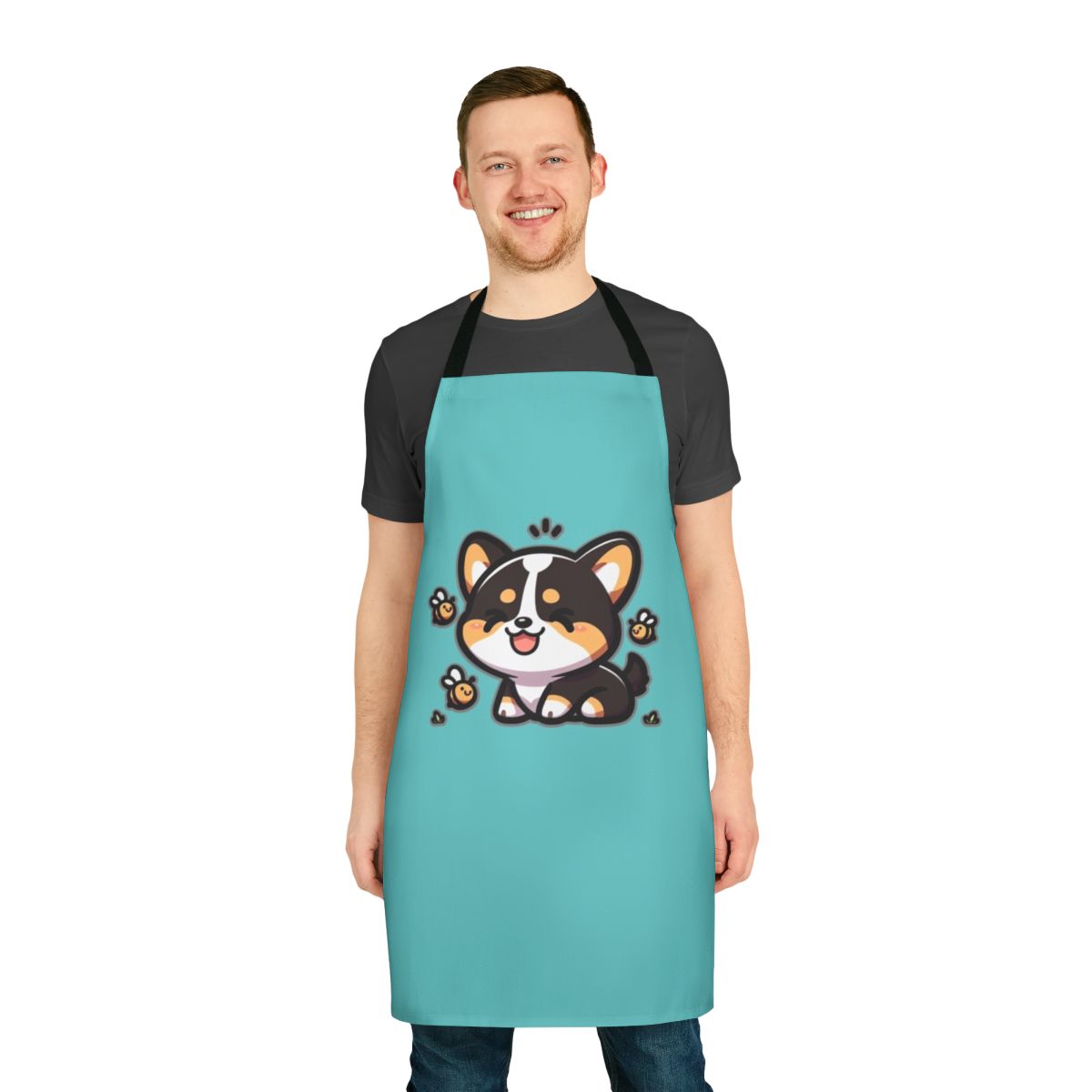 Tricolor Corgi design with cute bees on a high-quality apron