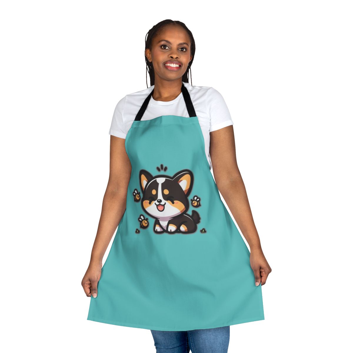 Tricolor Corgi design with cute bees on a high-quality apron