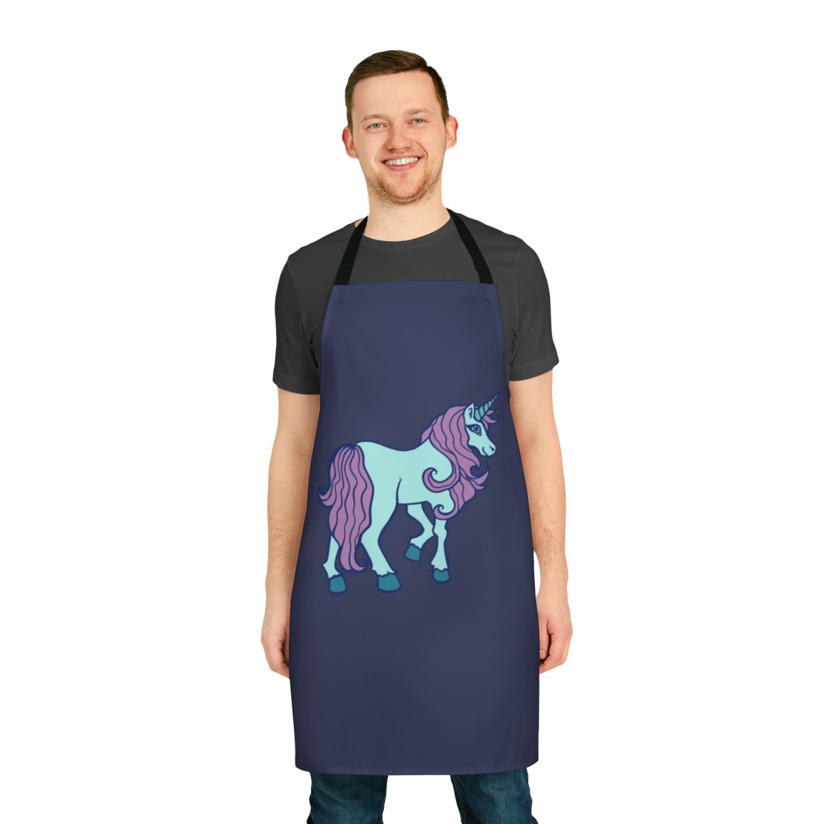 Whimsical pink and purple unicorn apron with a magical design