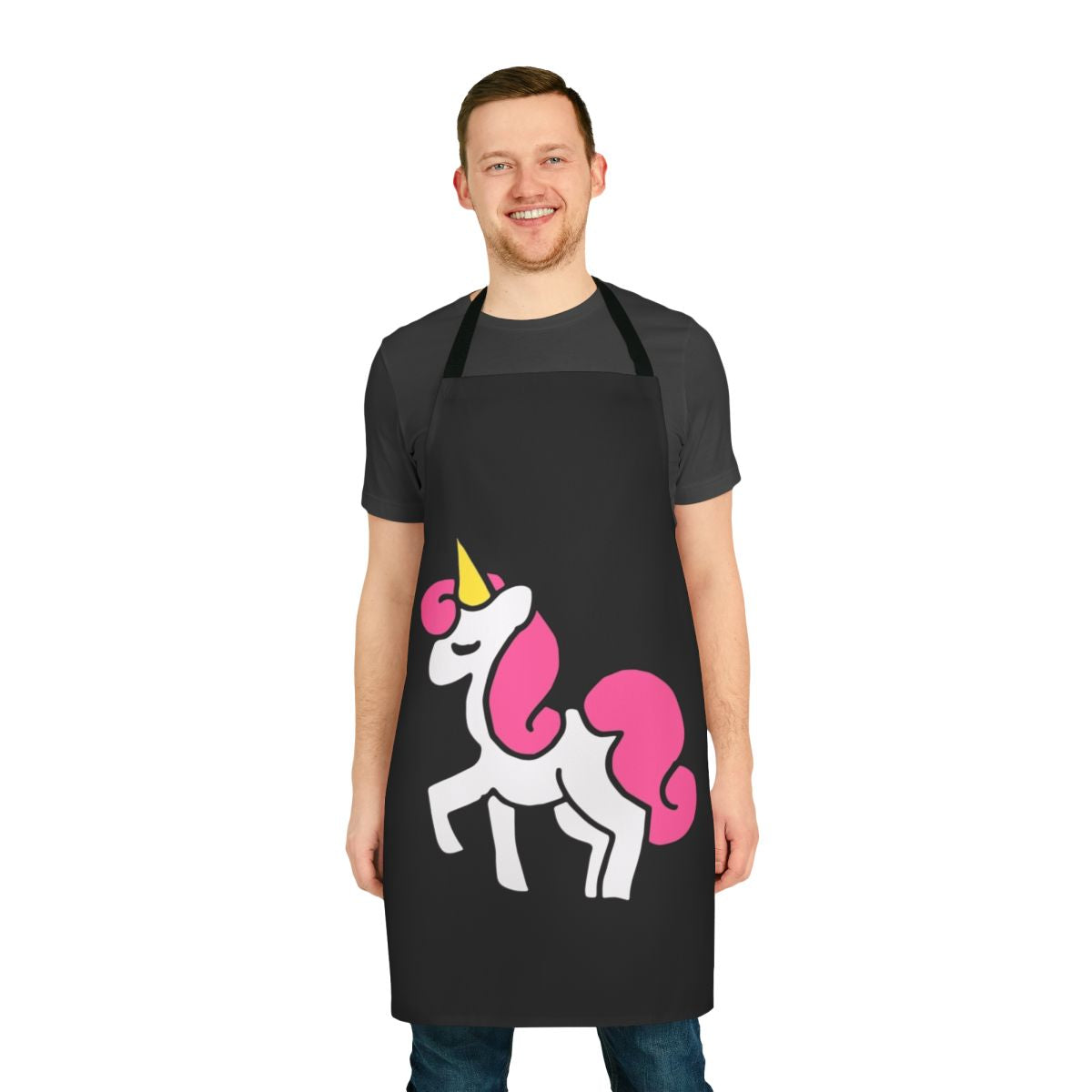 Cute pink unicorn design on a high-quality apron for kitchen use