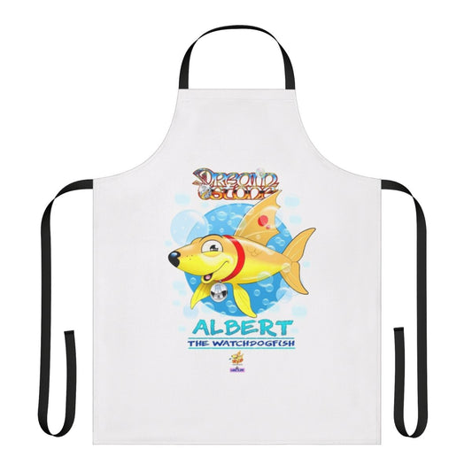 Illustration of a colorful cartoon fish standing guard on an apron