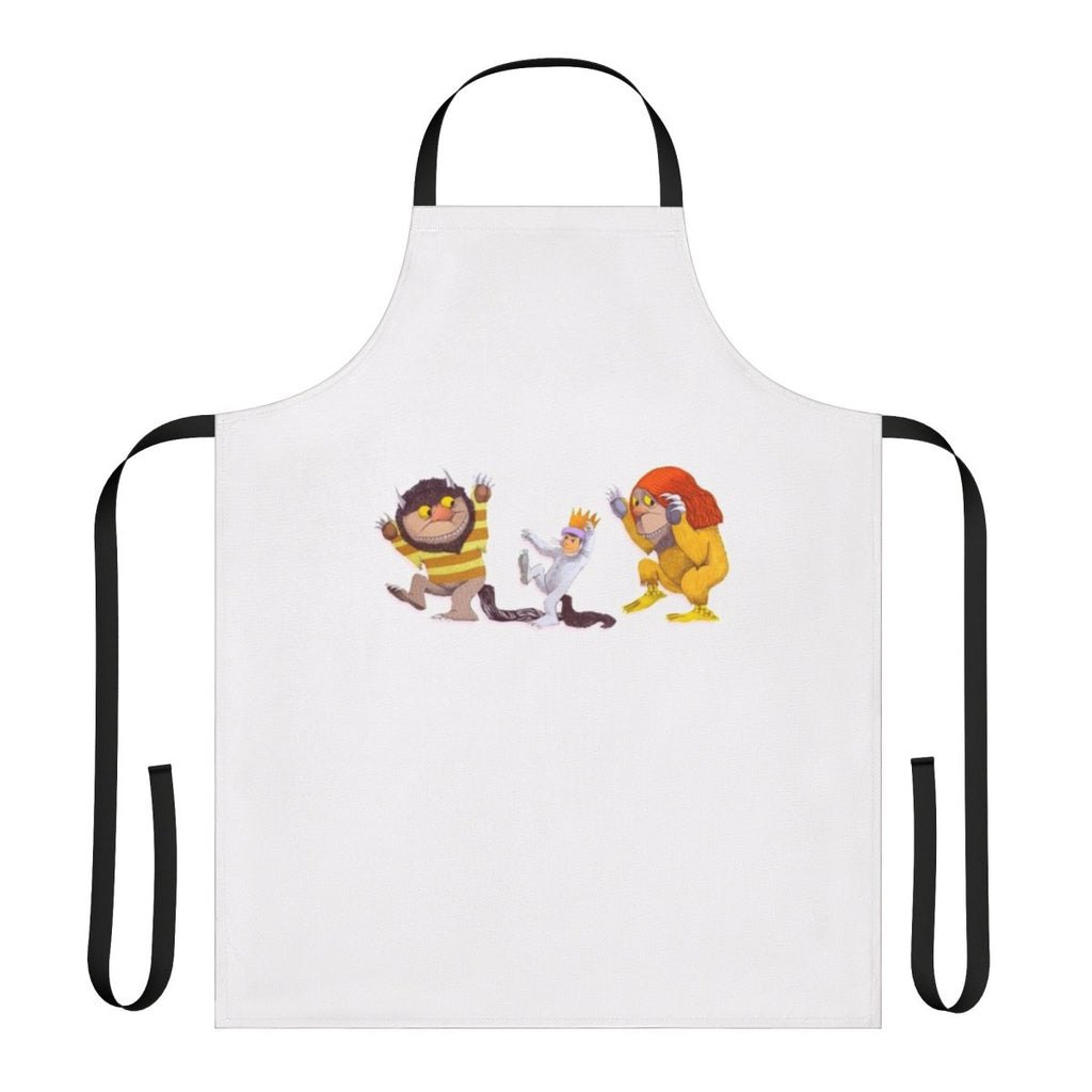Whimsical apron featuring dancing wild monsters and wolves from the classic children's book "Where the Wild Things Are"